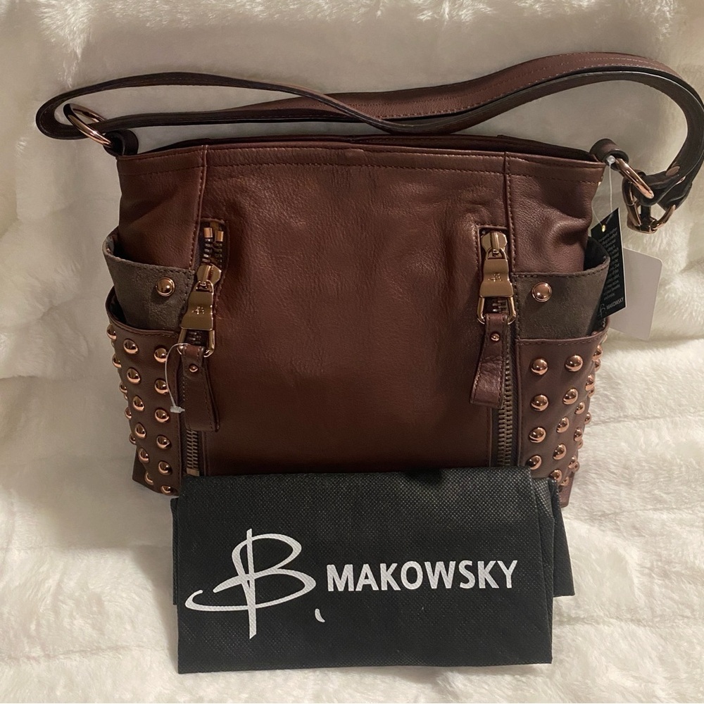 NWT B Makowsky Leather Shoulder Crossbody Handbag, Copper Studs & Suede Accents